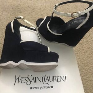 Yves Saint Laurent Navy Suede Wedge Sandals with White Trim